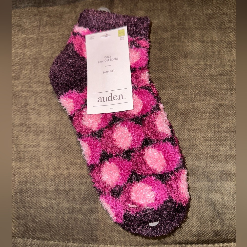 Women’s Auden Pink & Purple Fuzzy Low Cut Socks Super Soft Size 4-10 Polka Dots